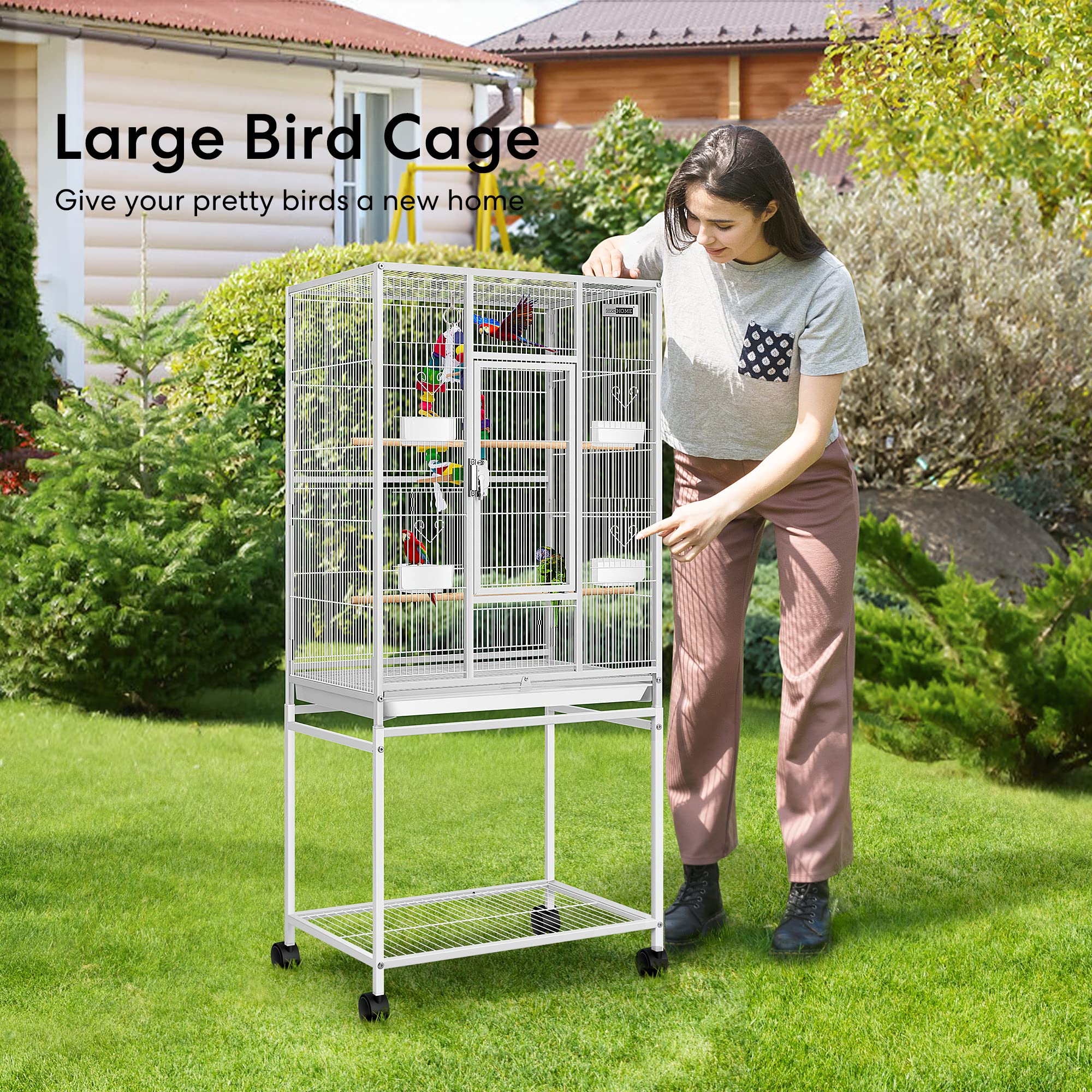 VIVOHOME 54 Inch Wrought Iron Large Bird Flight Cage with Rolling Stand for Parakeets Canaries Cockatiels Lovebirds Conures, Whi